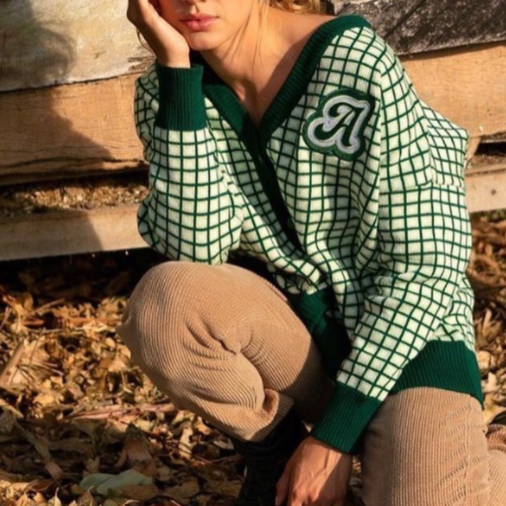 A Lot Studio Green Grid Cropped Varsity Cardigan Sweater Letterman Patch Medium - Picture 12 of 12